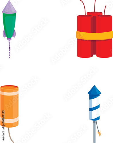 Set of four cartoonstyle firework icons isolated on a white background