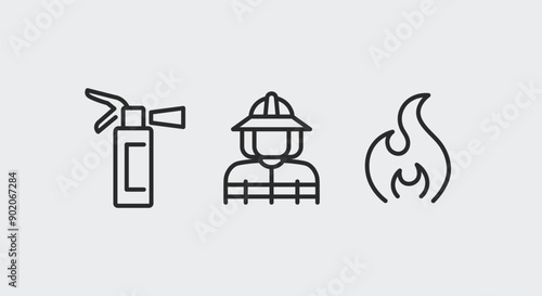 Firefighting and fire safety icons. Firefighting and fire safety trendy minimal icons set. Firefighter, Flame icon. Design signs for web page, mobile app, packaging design. Vector illustration.