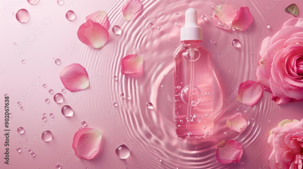 A bottle of rose water is floating in a pool of water A bottle of rose water is floating in a pool of water