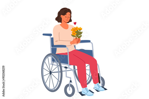 Woman sits in wheelchair holding bouquet of flowers in hands and rejoicing at receiving gift. Happy life to disabled girl using wheelchair, thanks to strength of spirit and support of friends