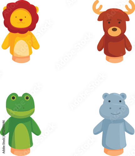 Set of four adorable cartoon animal finger puppets, including a lion, moose, frog, and hippo