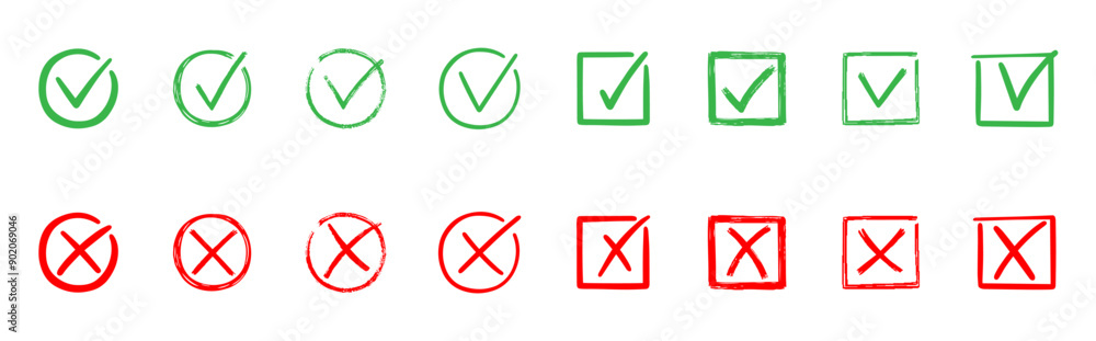 Check marks doodle set. Checkbox, checklist, tick and cross signs, v and x in sketch style. Hand drawn vector illustration isolated on white background Check marks doodle set. Checkbox, checklist, tick and cross signs, v and x in sketch style. Hand drawn vector illustration isolated on white background