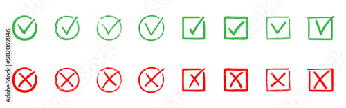 Check marks doodle set. Checkbox, checklist, tick and cross signs, v and x in sketch style. Hand drawn vector illustration isolated on white background