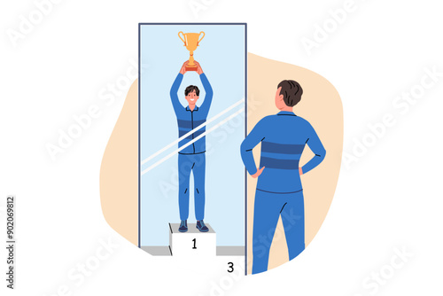 Man visualizes victory by standing in front of mirror and imagining leader gold cup. Guy dreams of receiving award and achieving leader position in sports, thanks to motivation and ambition