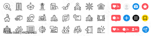 Petrol station, Send box and Home line icons pack. Social media icons. Lighthouse, Skyscraper buildings, Consumption growth web icon. Inspect, Square area, Warning road pictogram. Vector