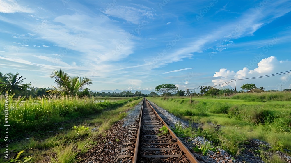 Empty railway track under blue sky through nature in Indonesia background concept : Generative AI Empty railway track under blue sky through nature in Indonesia background concept : Generative AI