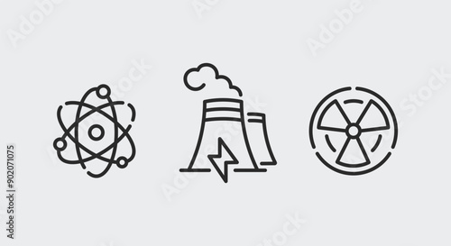 Nuclear, Power Plant, Radiation icons. Energy and safety icons set. Atom, Power Plant, Radiation symbols isolated on white background. Vector illustration