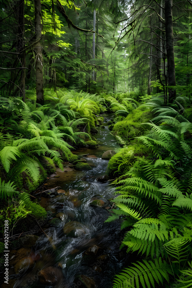 Fototapeta premium Dynamic Forest Ecosystem: A Harmonious Balance of Flora and Fauna Supported by a Clear Stream