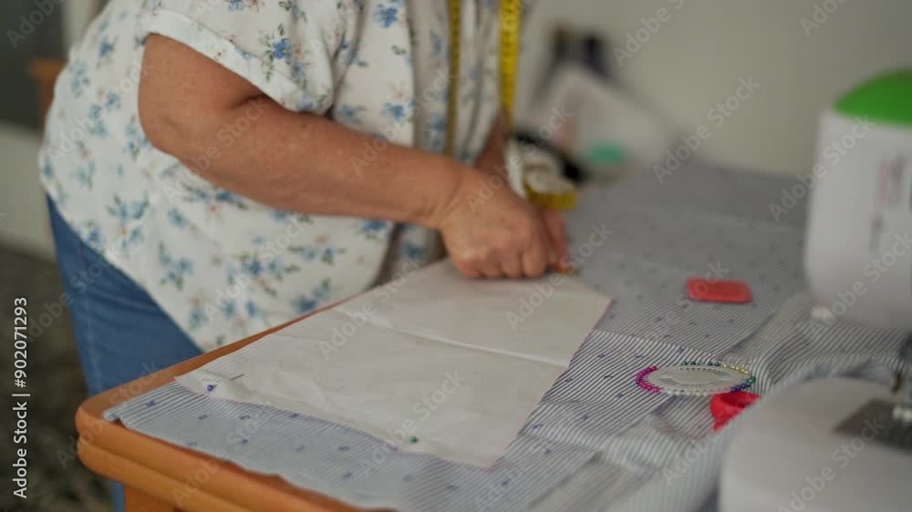 A senior woman traces a paper pattern onto striped fabric using chalk. working on a table with various sewing tools, including a measuring tape and pins A senior woman traces a paper pattern onto striped fabric using chalk. working on a table with various sewing tools, including a measuring tape and pins