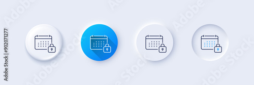 Calendar locked line icon. Neumorphic, Blue gradient, 3d pin buttons. Annual planner sign. Event schedule symbol. Line icons. Neumorphic buttons with outline signs. Vector
