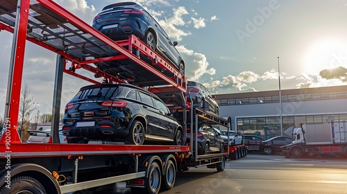 New cars on a hydraulic trailer ready for delivery and sale A car transporter truck carries many cars on a twolevel modular ramp Fast and efficient shipping service for the car industr : Generative AI
