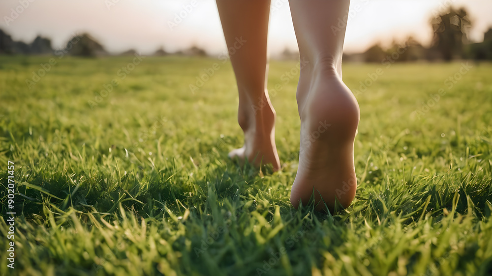 Close-up female feet walking on grass. Generative AI Close-up female feet walking on grass. Generative AI
