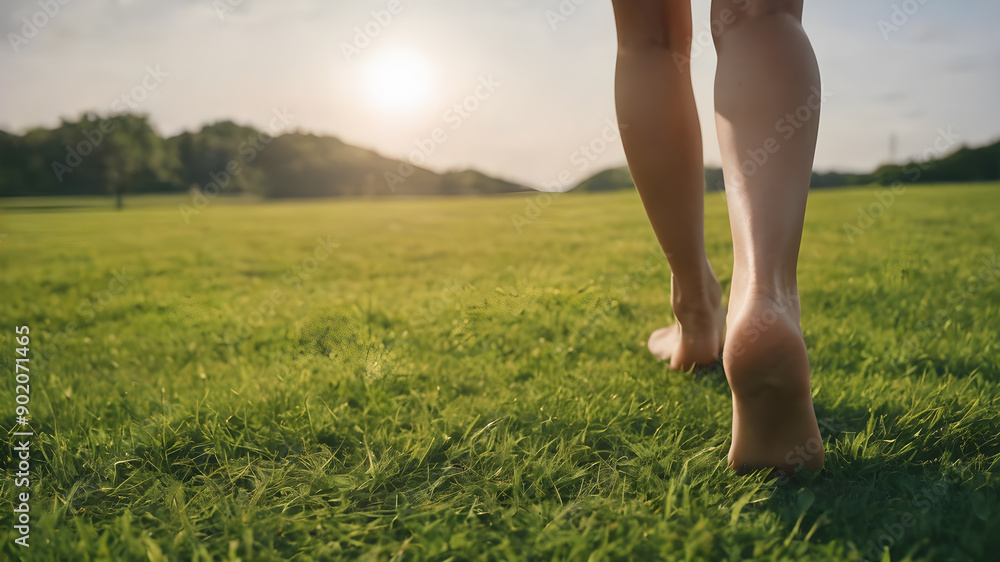 Close-up female feet walking on grass. Generative AI Close-up female feet walking on grass. Generative AI