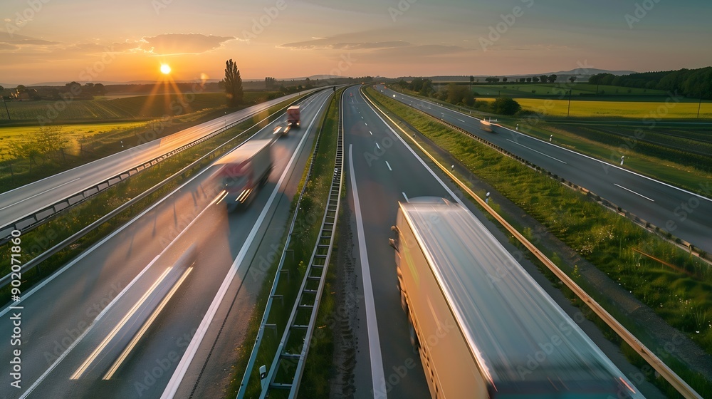 Transportation trucks in high speed driving on a highway through rural landscape on a beautiful sunset Fast blurred motion drive on the freeway : Generative AI Transportation trucks in high speed driving on a highway through rural landscape on a beautiful sunset Fast blurred motion drive on the freeway : Generative AI