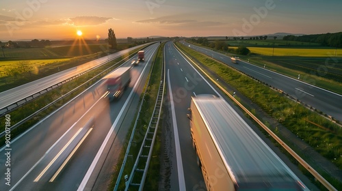 Transportation trucks in high speed driving on a highway through rural landscape on a beautiful sunset Fast blurred motion drive on the freeway : Generative AI