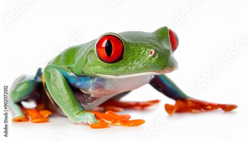 Red eyed monkey tree frog, Agalychnis callydrias. A tropical rain forest animal with vibrant eye isolated on a white background. photo