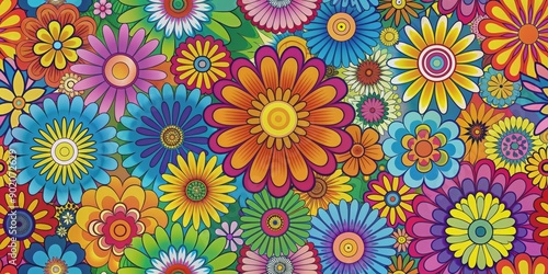 Colorful and psychedelic 1970's flower power graphic background design, retro, vintage, groovy, flowers, abstract, psychedelic