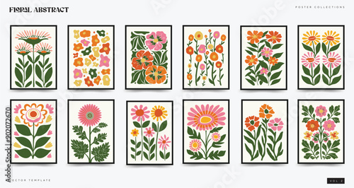 Abstract Floral Posters Template in Modern Trendy Matisse Minimal Style. Hand-Drawn Design. Ideal for Boho Style Poster Designs. Wallpaper, Wall Decor, Prints, Postcards template. Vector illustrations