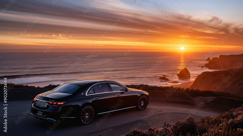 a luxury sedan parked on a winding coastal road at sunrise, highlighting its elegant curves against the backdrop of ocean waves a luxury sedan parked on a winding coastal road at sunrise, highlighting its elegant curves against the backdrop of ocean waves