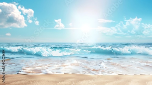 background for summer vacation concept Nature of the beach and sea summer with sunlight sandy beach The sparkling sea water contrasts with the blue sky : Generative AI