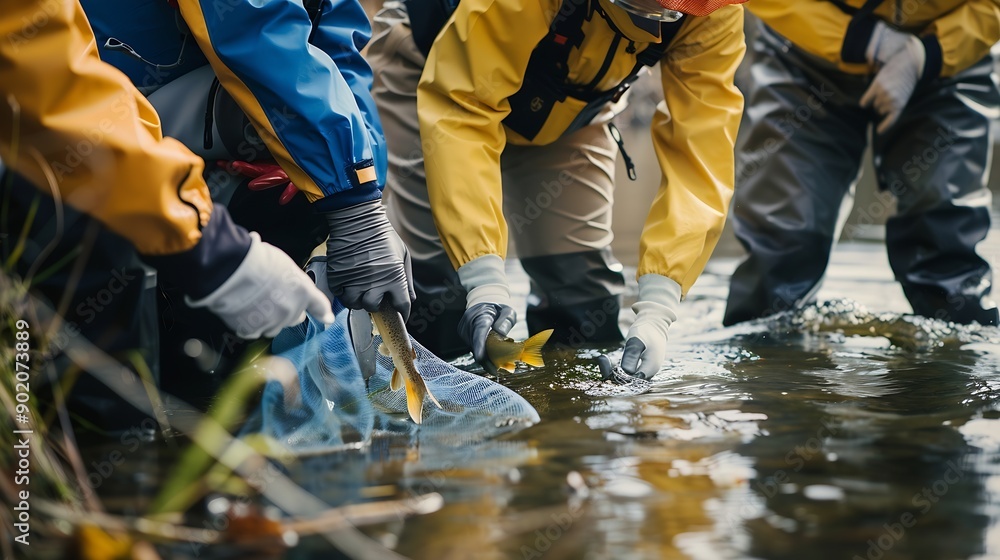 Team of volunteer scientist is catching native breeder fish to get sample and medication for statistic from contamination in global warming and climate change for nature and wildlife c : Generative AI Team of volunteer scientist is catching native breeder fish to get sample and medication for statistic from contamination in global warming and climate change for nature and wildlife c : Generative AI
