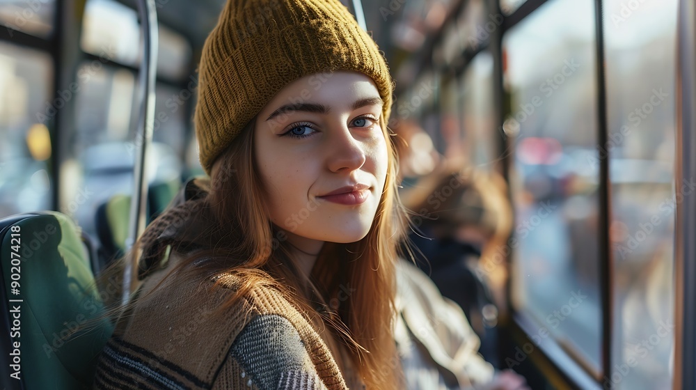 Portrait of young satisfied woman traveling with public transport sitting relaxed Young woman riding in public transport Woman travelling by bus : Generative AI Portrait of young satisfied woman traveling with public transport sitting relaxed Young woman riding in public transport Woman travelling by bus : Generative AI