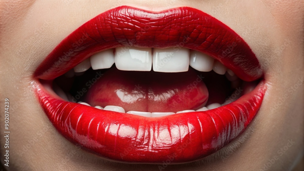 Close-up of mouth and tongue texture with teeth and red nail polish , mouth, tongue, teeth, red nail polish, close-up Close-up of mouth and tongue texture with teeth and red nail polish , mouth, tongue, teeth, red nail polish, close-up