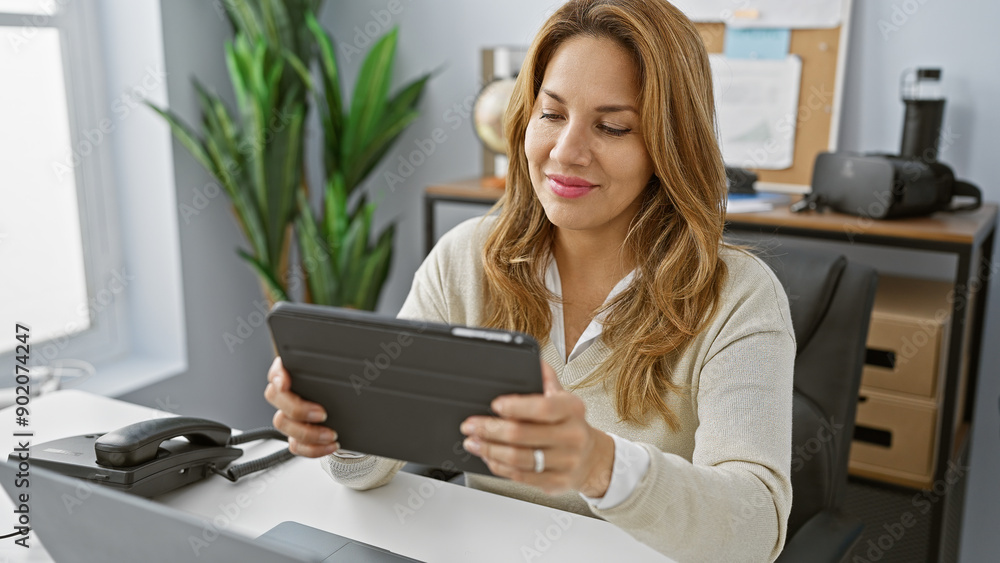 A professional hispanic woman engages with a tablet in a bright, modern office setting, exuding confidence and poise. A professional hispanic woman engages with a tablet in a bright, modern office setting, exuding confidence and poise.
