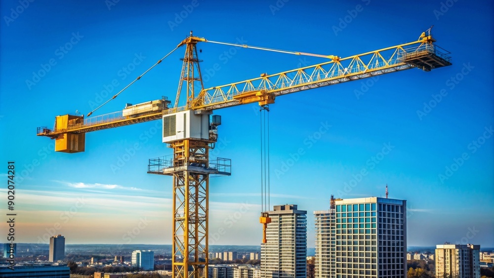 Fototapeta premium Construction crane on the skyline against a clear blue sky, construction, crane, building, development, industry, machinery