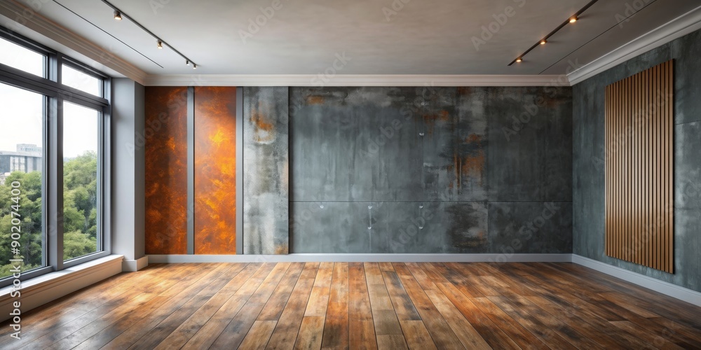 Fototapeta premium Empty wall in modern room with old wooden floor, gray and rust color painted walls, empty, wall, modern, room, old, wooden floor