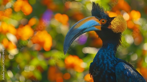 Portrait of colourful hornbill native to Indonesia  Knobbed Hornbill Aceros cassidix Huge bird with gold bristled feathers on the blue neck blurred orange flowers in background  Bird o : Generative AI photo