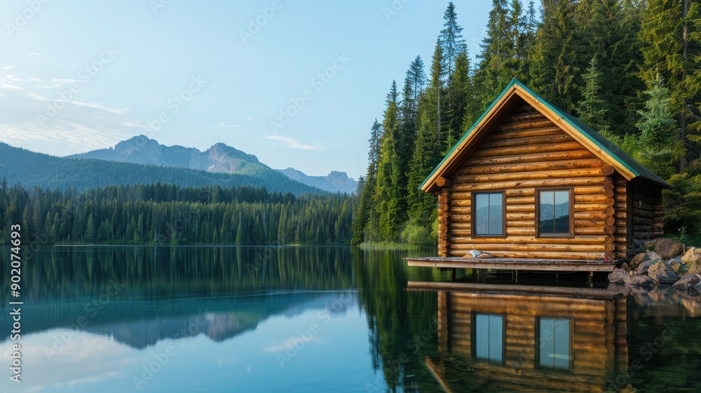 Fototapeta premium A serene log cabin by a calm lake, surrounded by lush green trees and majestic mountains under a clear blue sky.