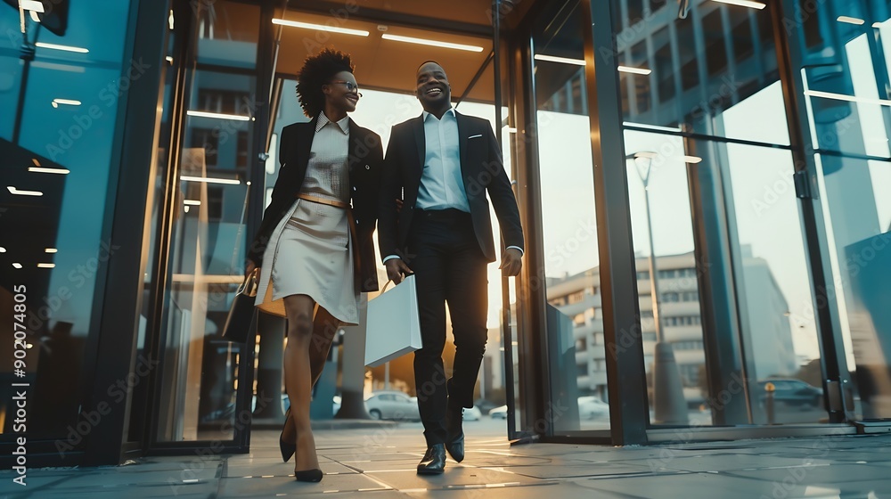 Fototapeta premium Happy confident african american business people walking out of modern office center after successful meeting LowAngle shot with copy space : Generative AI