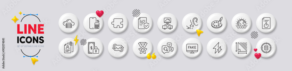 Certificate, Winner ribbon and Disaster line icons. White buttons 3d icons. Pack of Triangle area, Electricity, Refresh mail icon. Calculator target, Approved document, Puzzle pictogram. Vector Certificate, Winner ribbon and Disaster line icons. White buttons 3d icons. Pack of Triangle area, Electricity, Refresh mail icon. Calculator target, Approved document, Puzzle pictogram. Vector