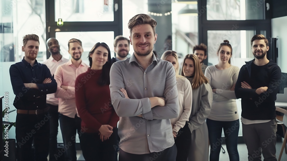 Obraz premium Group people and man in portrait at startup with smile support or creativity in modern office Women staff and happy for team building for solidarity at media agency for collaboration i : Generative AI