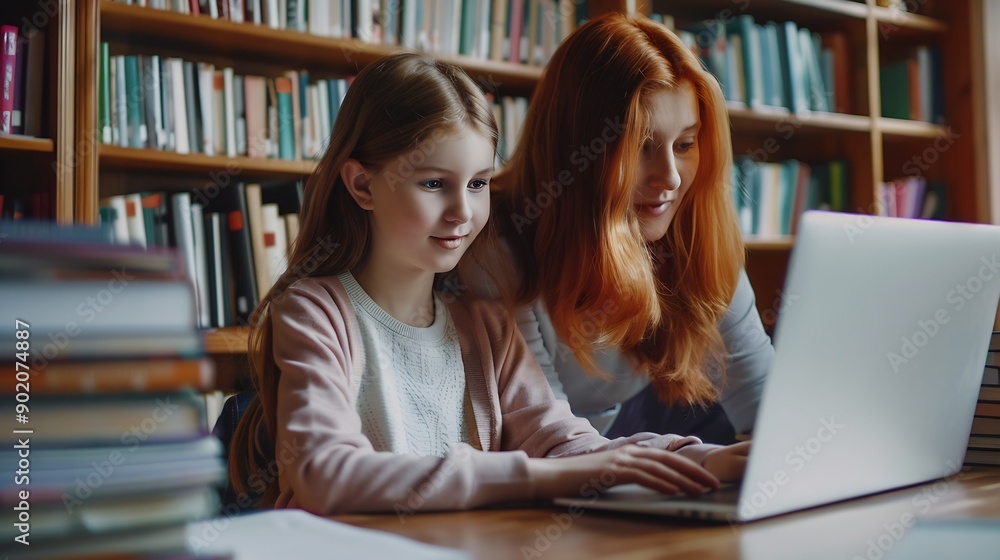 Redhead tutor teaches teenage girl in library using laptop for modern education after school lessons : Generative AI Redhead tutor teaches teenage girl in library using laptop for modern education after school lessons : Generative AI