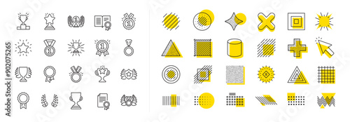 Set of Winner medal, Victory cup and Laurel wreath award icons. Design shape elements. Award line icons. Reward, Certificate and Diploma message. Vector