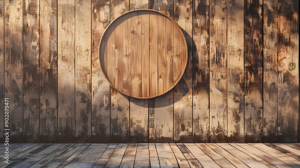 A wooden wall hosts a circular mockup signboard, awaiting a storefront's branding in a street setting A wooden wall hosts a circular mockup signboard, awaiting a storefront's branding in a street setting