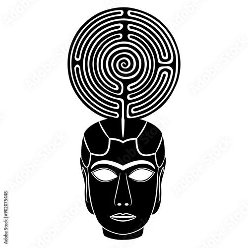 Female head of ancient woman or goddess Inanna from Iraq holding a round spiral maze or labyrinth symbol. Mythological concept. The Mask from Warka. Lady of Uruk. Black and white silhouette.