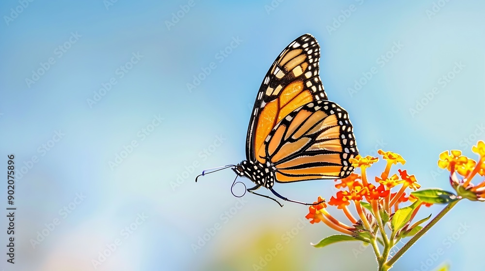 Obraz premium Beautiful spring summer image of monarch butterfly on orange lantana flower against blue sky on bright sunny day in nature macro : Generative AI