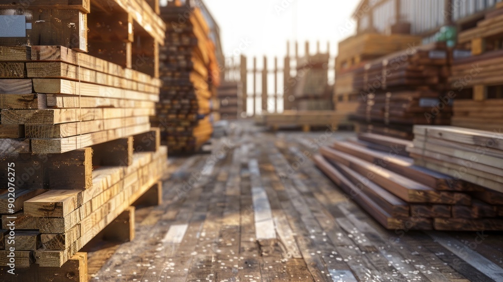 A pile of wood is stacked in a warehouse