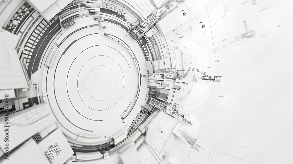 Abstract grey and white technology background with various tech elements, conveying a hi-tech communication concept and innovation. Includes circle empty space for your text Abstract grey and white technology background with various tech elements, conveying a hi-tech communication concept and innovation. Includes circle empty space for your text