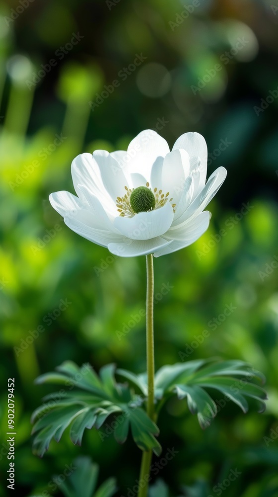 Fototapeta premium White anemone flower in green garden, plant closeup. Nature and springtime concept