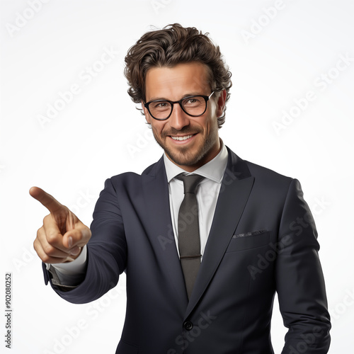 Formal Man Dressed in Suit and Tie Pointing Index Finger, on White Background, Image for Creative Advertisement, Banners, and Advertising in General