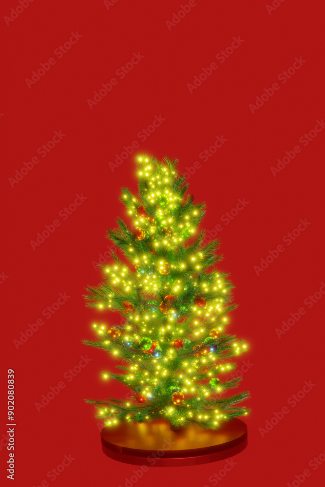 Three-dimensional render 3D of a pine tree decorated with Christmas spheres and lights in series Three-dimensional render 3D of a pine tree decorated with Christmas spheres and lights in series