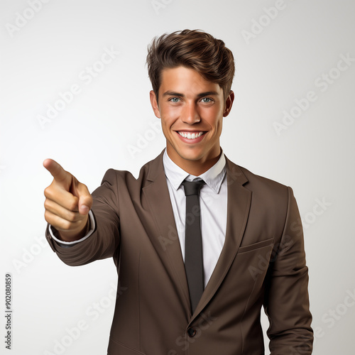 Formal Man Dressed in Suit and Tie Pointing Index Finger, on White Background, Image for Creative Advertisement, Banners, and Advertising in General