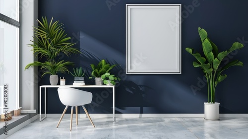 Elegant office setup with minimalist white furniture, bright green plants and blank white frames against navy blue walls