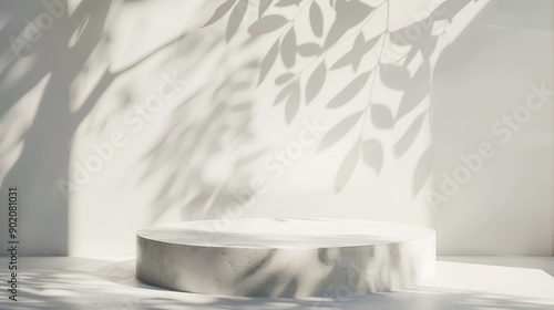 Fototapeta Naklejka Na Ścianę i Meble -  Blank cream white cement curve counter podium with texture, soft beautiful dappled sunlight, leaf shadow on white wall for luxury organic cosmetic, skincare, beauty treatment product background 