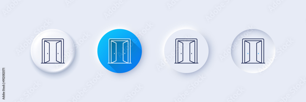 Open door line icon. Neumorphic, Blue gradient, 3d pin buttons. Entrance doorway sign. Building exit symbol. Line icons. Neumorphic buttons with outline signs. Vector Open door line icon. Neumorphic, Blue gradient, 3d pin buttons. Entrance doorway sign. Building exit symbol. Line icons. Neumorphic buttons with outline signs. Vector
