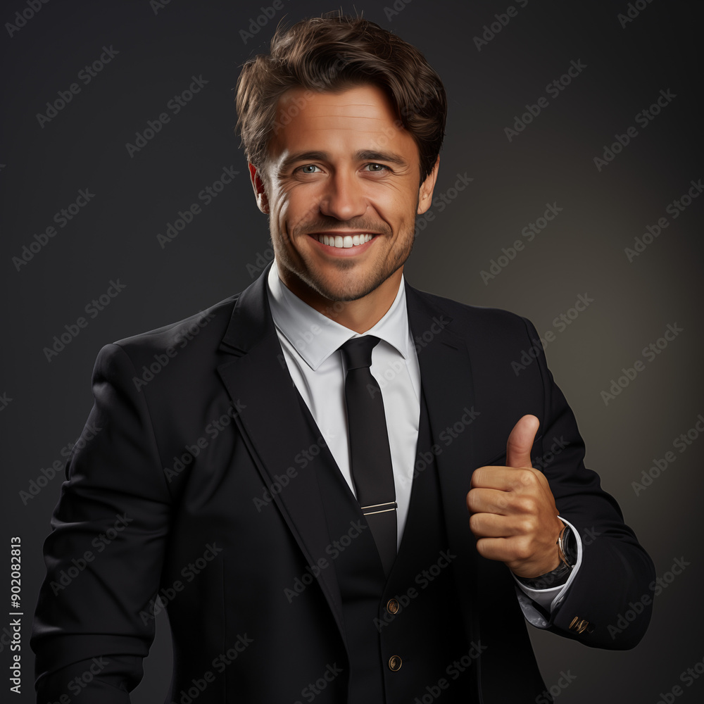 Formal Man Dressed in Suit and Tie with Thumb Raised in Positive Sign, on White Background, Image for Creative Advertisement, Banners, and Advertising in General Formal Man Dressed in Suit and Tie with Thumb Raised in Positive Sign, on White Background, Image for Creative Advertisement, Banners, and Advertising in General